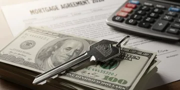 House key on dollar bills with mortgage documents, representing mortgage refinance decision.
