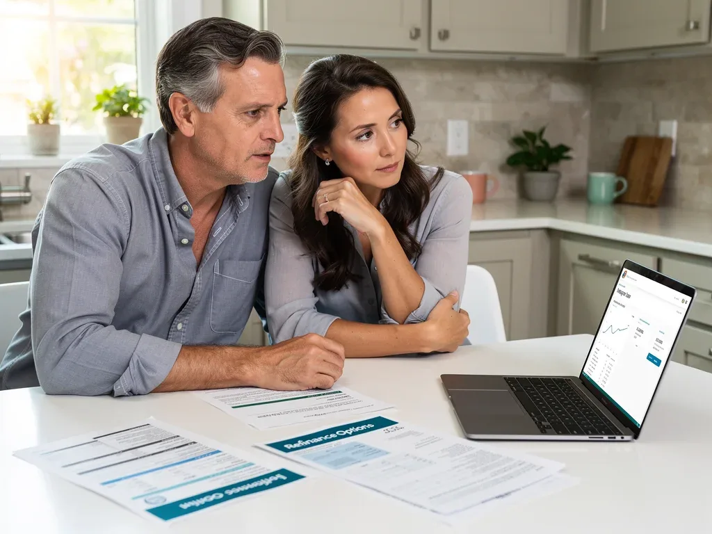 Couple reviewing mortgage refinancing documents at home, making a financial decision.