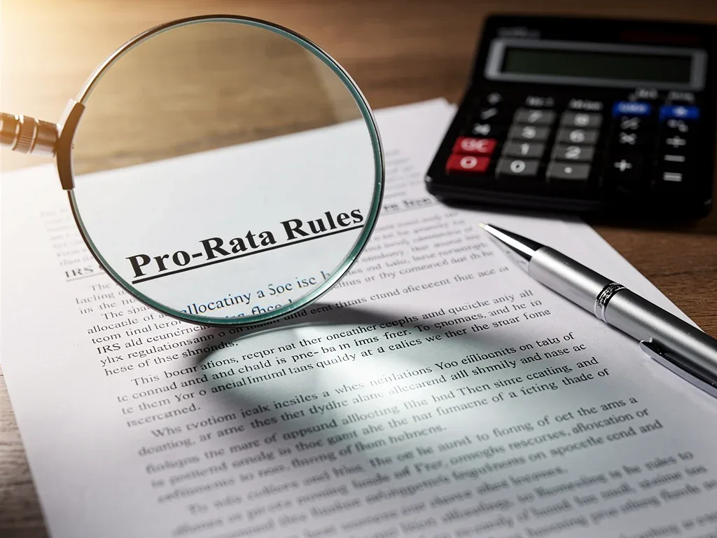 Magnifying glass over IRS pro-rata rules, emphasizing careful financial review.