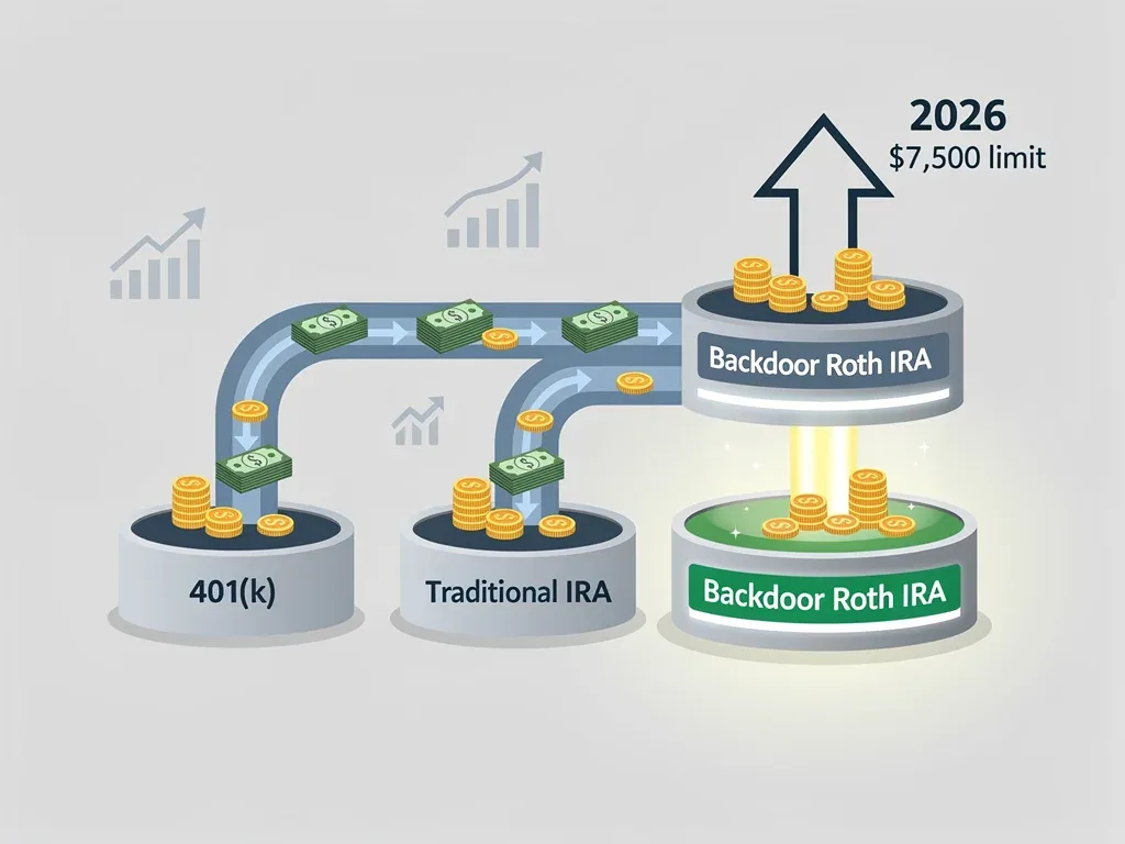Diagram showing money flowing into a Backdoor Roth IRA with the new 2026 limit.