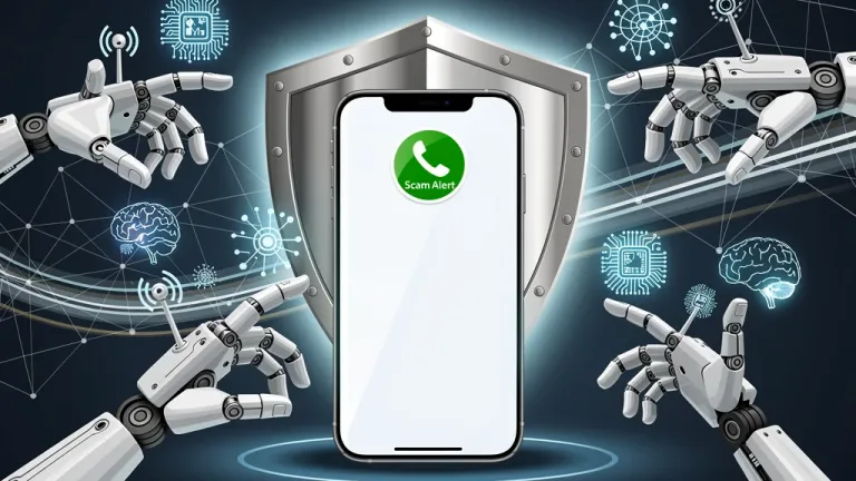 Shield protecting a smartphone from AI scam calls
