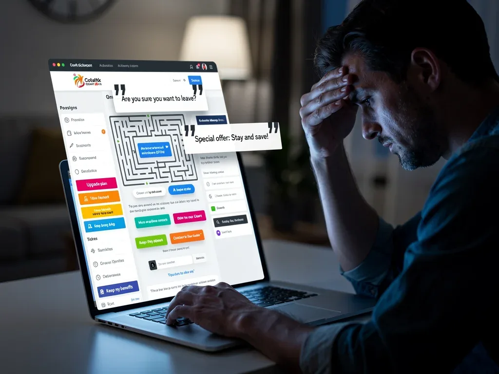 Frustrated consumer struggling with complex online subscription cancellation process