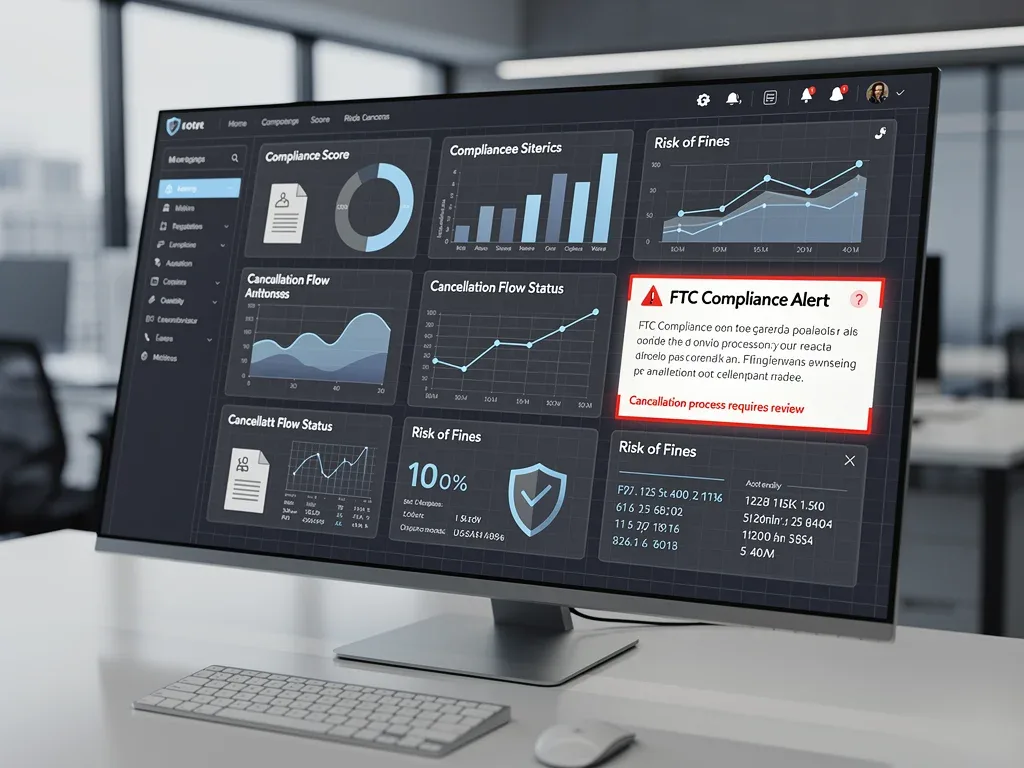 Business compliance dashboard showing alert for FTC 'Click-to-Cancel' rule adherence