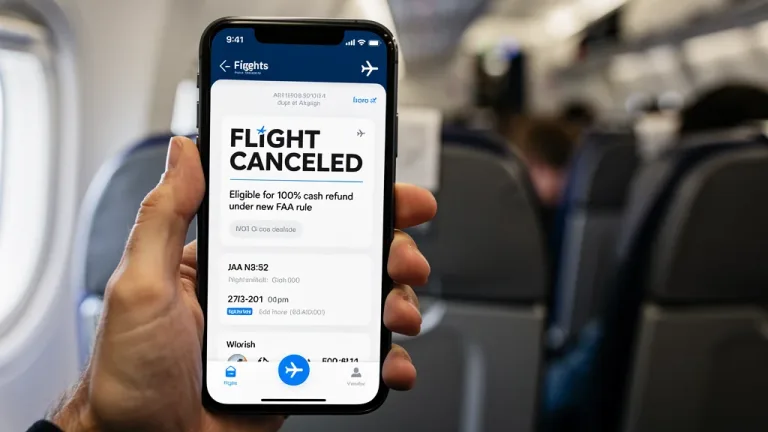 Smartphone showing flight cancellation, new FAA refund rule