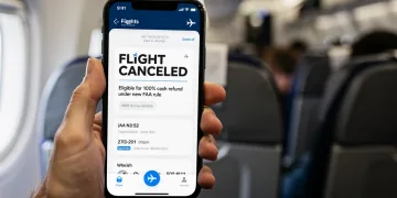Smartphone showing flight cancellation, new FAA refund rule