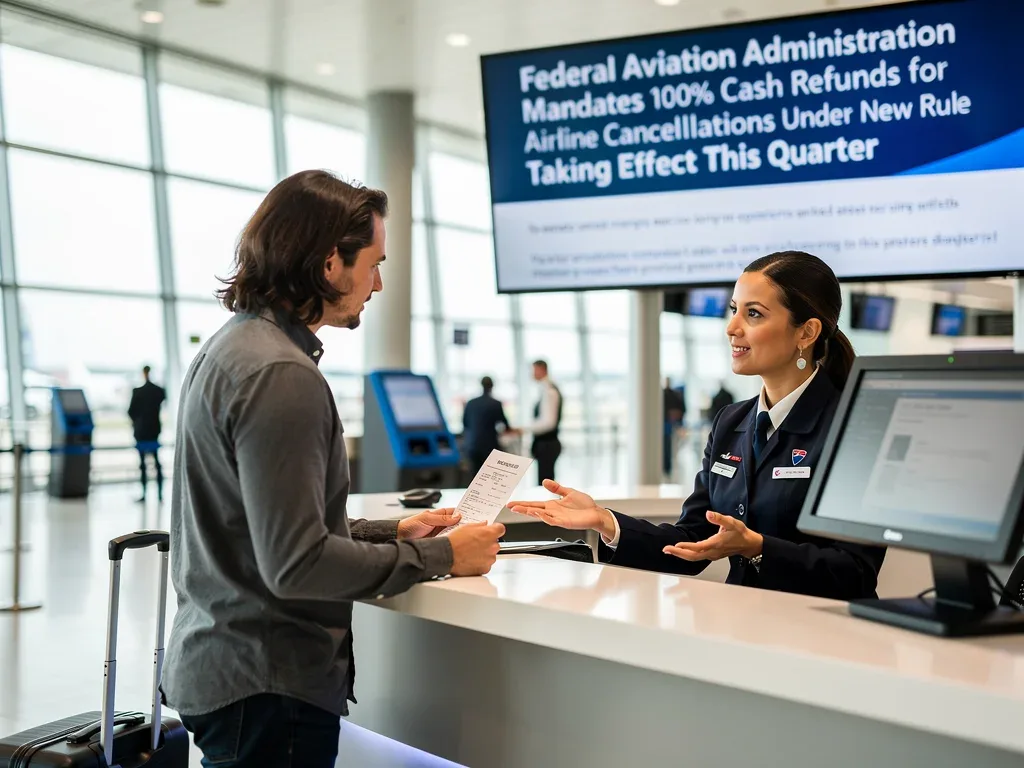Passenger at airport desk discussing flight cancellation