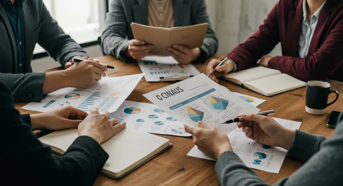 Diverse group discussing financial documents, understanding new Canadian financial policies.