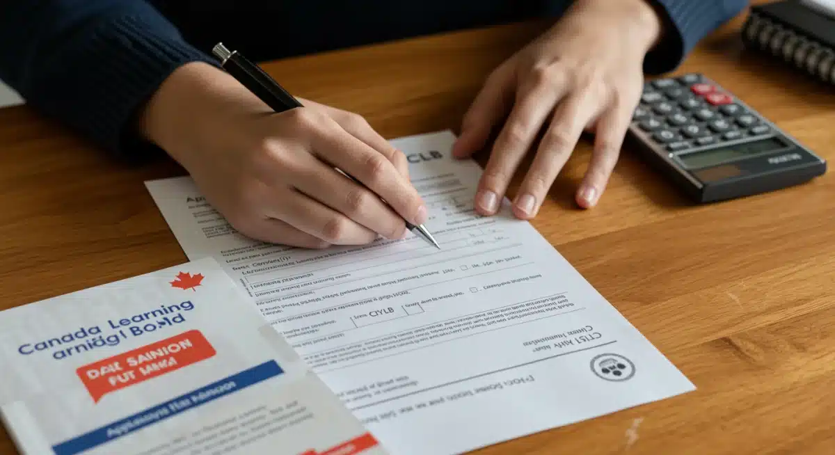 Hand filling out Canada Learning Bond application form, symbolizing the enrollment process.