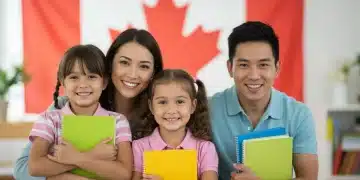 Smiling Canadian family with children holding school books, symbolizing the Canada Learning Bond 2026.