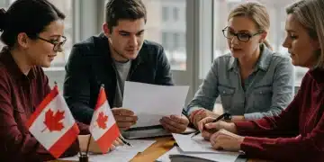 Canadian students and parents discussing educational tax credits for 2026, reviewing documents.