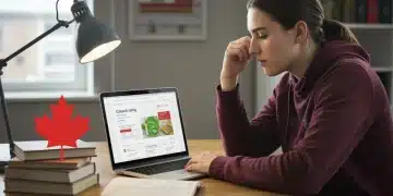 Student planning Canadian student loan repayment on laptop with maple leaf.