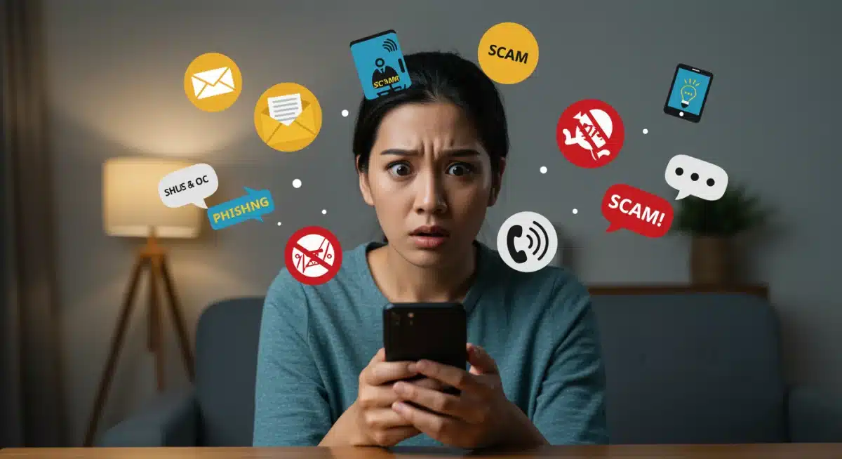 Person looking at phone, concerned about potential scam attempts