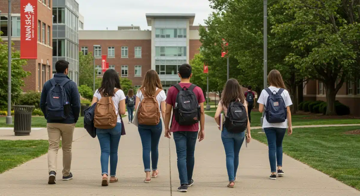 Diverse university students walking on a modern campus, representing future educational success.
