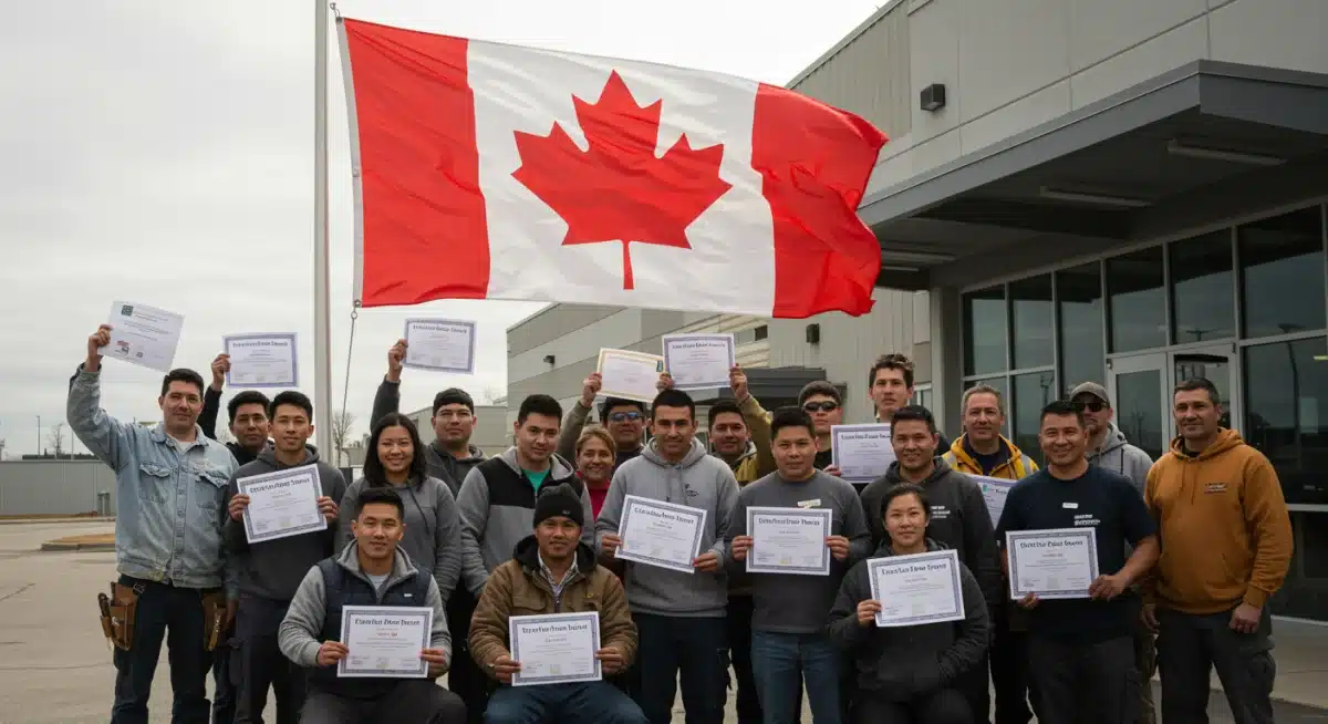 Successful Canadian trades graduates with certifications and a Canadian flag.