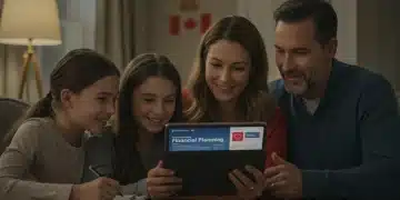 Canadian family reviewing financial benefits on a tablet, happy with Canada Child Benefit updates.