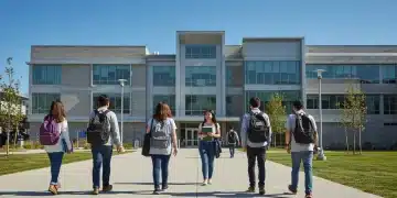 High school students preparing for university in Canada by 2026, walking towards a modern campus.